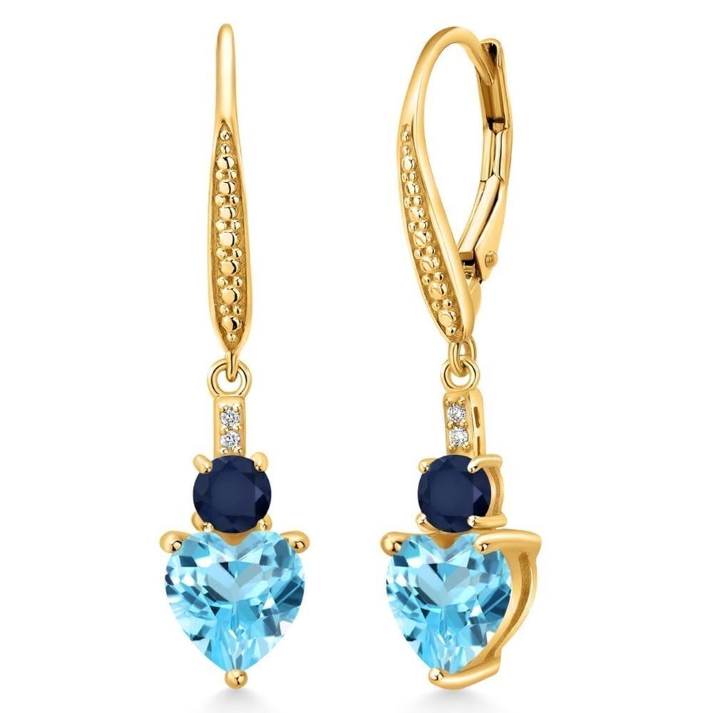 18K Yellow Gold with 3.73 Cttw Swiss Blue Topaz and Blue Sapphire Heart Earrings